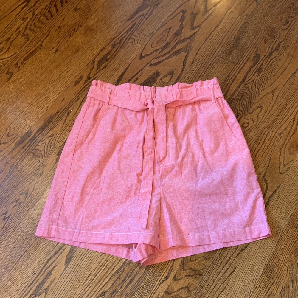 Draper James RSVP Shorts High Rise Sz L Linen Blend Paper Bag Belted Pink EUC